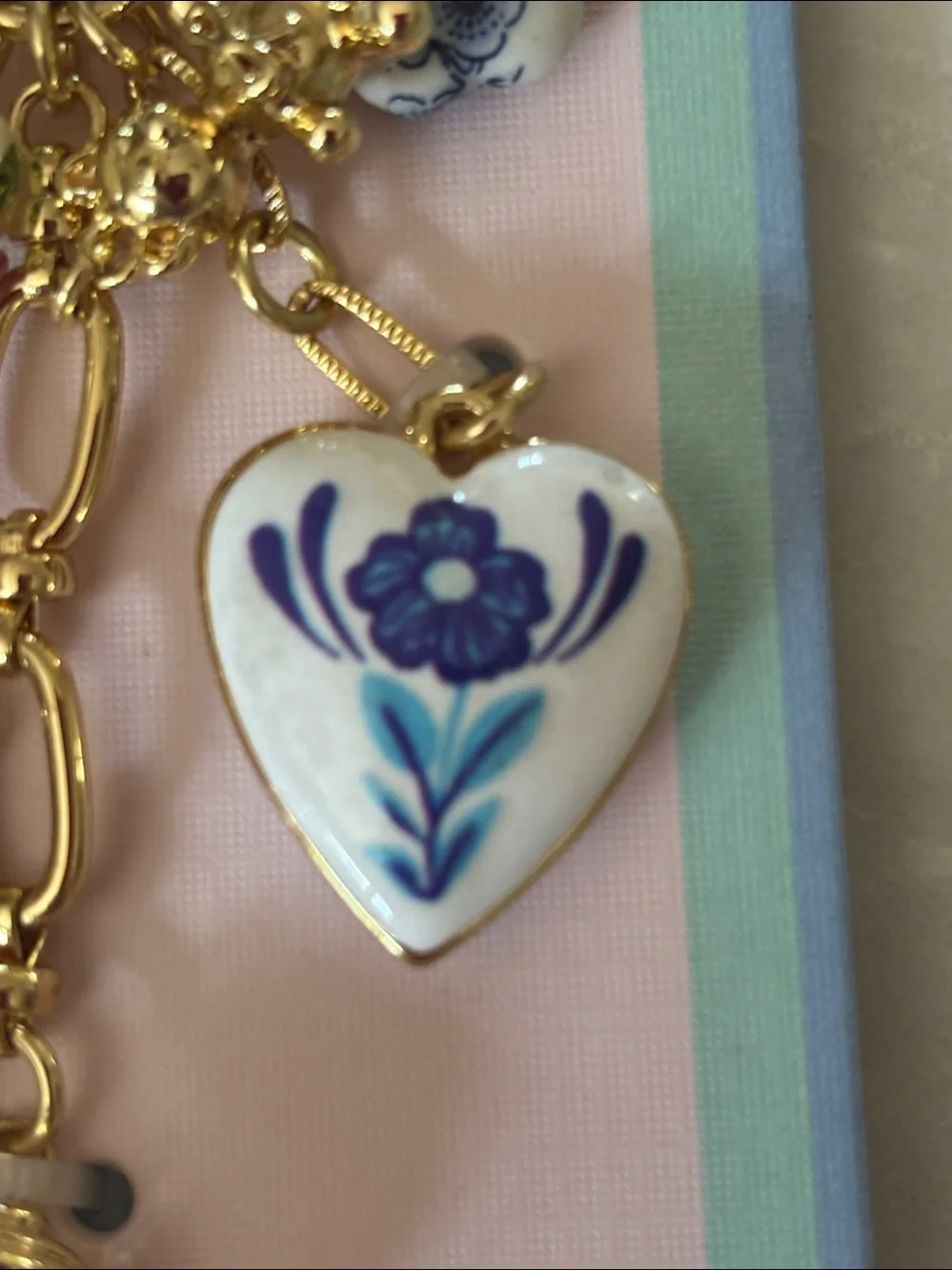 NWT Piper K Gold Tone Key & Bag Charm with Blue and White Porcelain Accents
